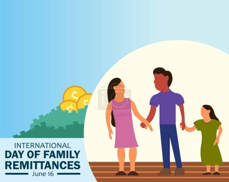 Illustration for Illustration vector graphic of one family holding hands against a background of dollar bills, perfect for international day, family remittances, celebrate, greeting card, etc. - Royalty Free Image