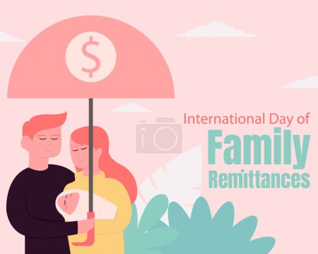 Illustration for Illustration vector graphic of a husband and wife and their baby, taking cover under a dollar sign umbrella, perfect for international day, family remittances, celebrate, greeting card, etc - Royalty Free Image