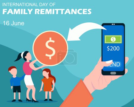 Illustration for Illustration vector graphic of hand holding mobile phone for money transfer, showing family receiving coins, perfect for international day, family remittances, celebrate, greeting card, etc. - Royalty Free Image