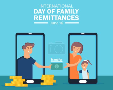 Illustration for Illustration vector graphic of a husband transfers money to his family via smartphone, perfect for international day, family remittances, celebrate, greeting card, etc. - Royalty Free Image