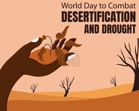 Illustration for Illustration vector graphic of hands hold the ground and withered plants, revealing barren land and dead trees, perfect for international day, world to combat, desertification and drought, celebrate. - Royalty Free Image