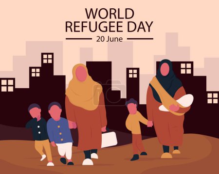 Illustration for Illustration vector graphic of two women and their children fled the city through the desert, perfect for international day, world refugee day, celebrate, greeting card, etc. - Royalty Free Image