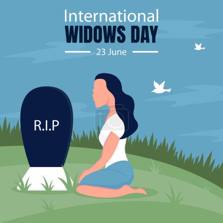 illustration vector graphic of a woman mourns her husband's grave, perfect for international day, international widows day, celebrate, greeting card, etc.