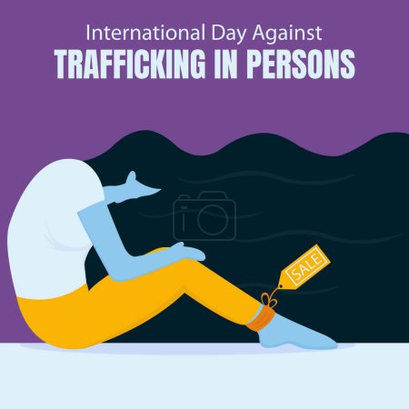 Illustrationsvektorgrafik eines traurigen Mädchens mit zum Verkauf gebundenen Füßen, perfekt für den internationalen Tag gegen Menschenhandel, Feiern, Grußkarte usw..