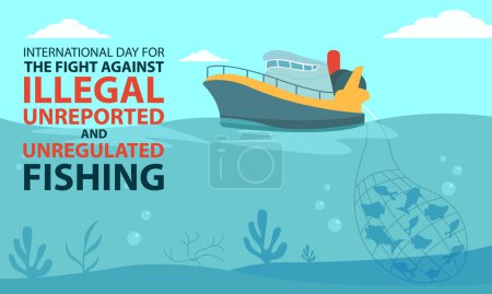 Illustration for Illustration vector graphic of big ship catching fish with net in sea, perfect for international day, the fight against, illegal, unreported, unregulated, fishing, celebrate, greeting card, etc. - Royalty Free Image