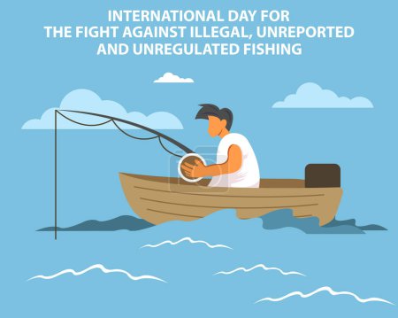 Illustration for Illustration vector graphic of a young man fishing in the river with a boat, perfect for international day, the fight against, illegal, unreported, unregulated, fishing, celebrate, greeting card, etc. - Royalty Free Image