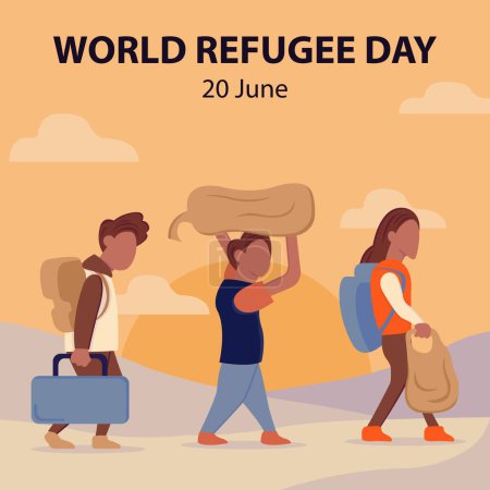 illustration vector graphic of people walking through the desert carrying luggage, perfect for international day, world refugee day, celebrate, greeting card, etc.
