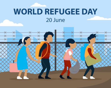 illustration vector graphic of a community walking on the edge of the city fence, perfect for international day, world refugee day, celebrate, greeting card, etc.