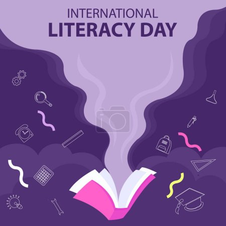 Illustration for Illustration vector graphic of open book emits smoke, displaying a study kit, perfect for international day, international literacy day, celebrate, greeting card, etc. - Royalty Free Image