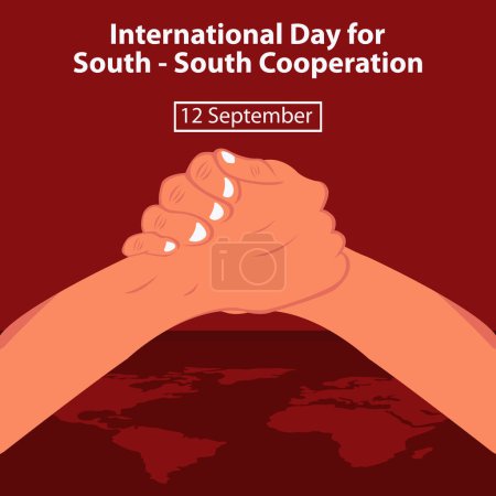 Téléchargez les illustrations : Illustration graphique vectorielle d'une paire de mains serrant la main sur une carte du monde, parfaite pour la journée internationale, la coopération sud-sud, célébrer, carte de vœux, etc.. - en licence libre de droit
