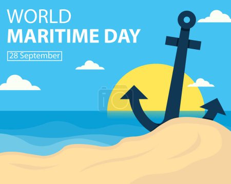 Illustration for Illustration vector graphic of ship anchor stuck in the beach sand, showing the sunrise,perfect for international day, world maritime day, celebrate, greeting card, etc. - Royalty Free Image