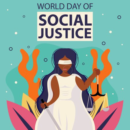 Illustration for Illustration vector graphic of the goddess in white holds a sword and balance, showing plant background, perfect for international day, world of social justice, celebrate, greeting card, etc. - Royalty Free Image
