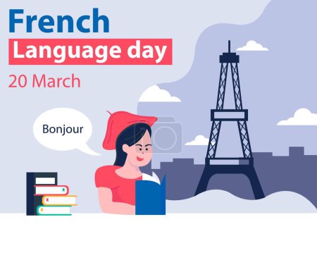 Illustration for Illustration vector graphic of a woman is reading a French dictionary, showing the imagination of the city of Paris, perfect for international day, french language day, celebrate, greeting card, etc. - Royalty Free Image