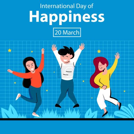 Téléchargez les illustrations : Illustration vectorielle graphique de trois personnes sautées en riant joyeusement en même temps, parfait pour la journée internationale, journée internationale du bonheur, célébrer, carte de vœux, etc.. - en licence libre de droit
