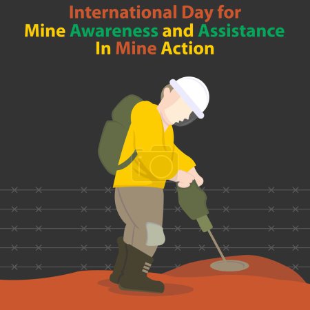 Illustration for Illustration vector graphic of an officer is searching the ground for mines with a mine detector, perfect for international day, mine awareness, assistance, mine action, celebrate, greeting card, etc. - Royalty Free Image
