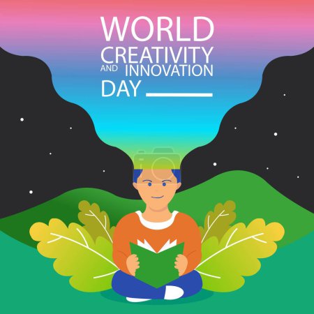 Illustration for Illustration vector graphic of A man's head emits rainbow waves while reading a book, perfect for international day, world creativity and innovation day, celebrate, greeting card, etc. - Royalty Free Image