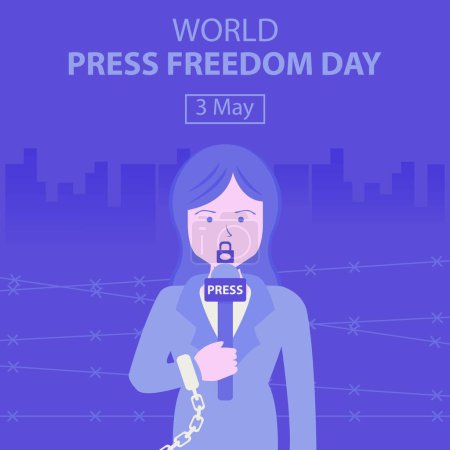 Téléchargez les illustrations : Illustration graphique vectorielle d'une journaliste tenant un microphone avec les mains menottées, parfaite pour la journée internationale, la journée mondiale de la liberté de la presse, célébrer, carte de vœux, etc.. - en licence libre de droit