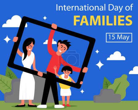 Téléchargez les illustrations : Illustration vectorielle d'une famille tenant un cadre photo ensemble, parfaite pour la journée internationale, la journée internationale des familles, célébrer, carte de vœux, etc.. - en licence libre de droit