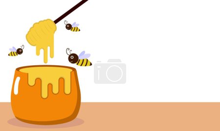 illustration vector graphic of wooden honey spoon and jar, featuring flying bees, perfect for international day, world bee day, celebrate, greeting card, etc.