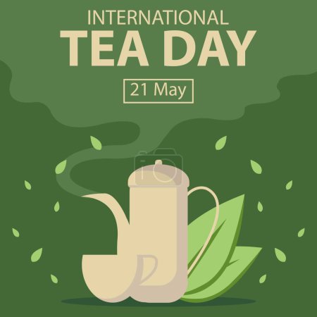 Illustrationsvektorgrafik der Teekanne emittiert Dampf und offenbart fallende Teeblätter, perfekt für den internationalen Tag, den internationalen Teetag, feiern, Grußkarte usw..
