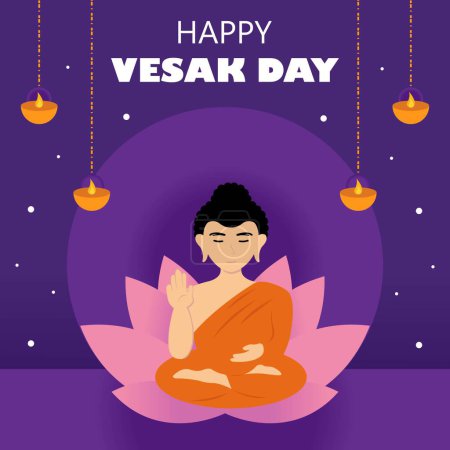 Illustration Vektorgrafik eines Buddha sitzt auf einer Lotusblume und zeigt Laterne, perfekt für internationalen Tag, Vesak-Tag, feiern, Grußkarte, usw..