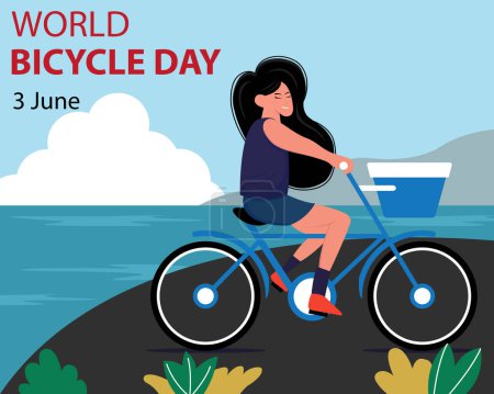 ilustración gráfica vectorial de una mujer que monta una bicicleta en la playa, perfecta para el día internacional, el día mundial de la bicicleta, celebrar, tarjeta de felicitación, etc..