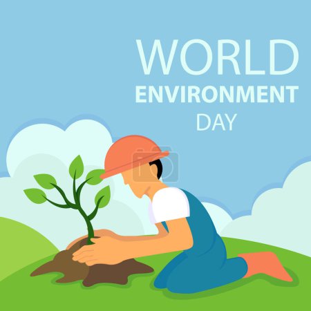 illustration vector graphic of a man is planting plants, perfect for international day, world environment day, celebrate, greeting card, etc.