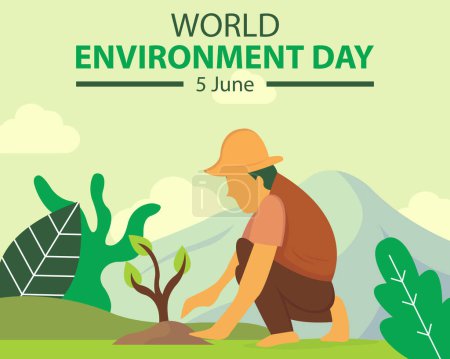 illustration vector graphic of a farmer is planting in the garden, showing mountain background, perfect for international day, world environment day, celebrate, greeting card, etc.