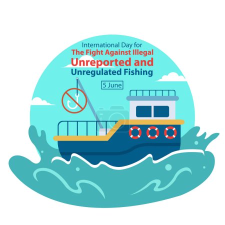 illustration vector graphic of fishing boat in the sea waves, perfect for international day, fight against illegal, unreported and unregulated, fishing, celebrate, greeting card, etc.