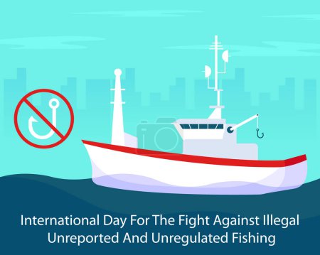 Illustration for Illustration vector graphic of fishing vessel at sea, displaying a sign prohibiting fishing, perfect for international day, fight against illegal, unreported and unregulated, fishing. - Royalty Free Image