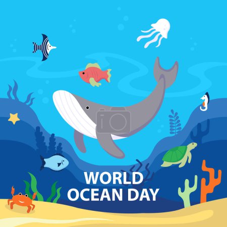 Illustration Vektorgrafik von verschiedenen Arten von Meerestieren versammeln sich auf dem Meeresboden, perfekt für den internationalen Tag, Weltmeertag, feiern, Grußkarte, etc..