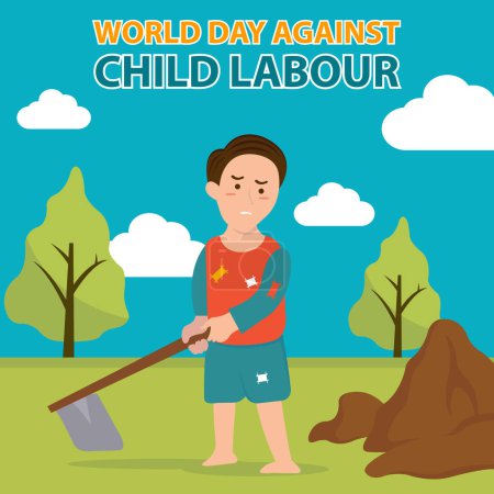 illustration vector graphic of a child works with a hoe, perfect for international day, world day against child labour, celebrate, greeting card, etc.