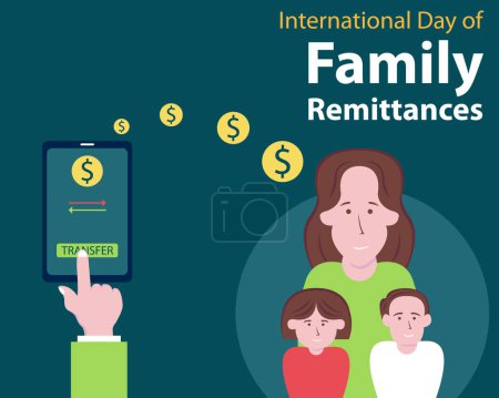 Illustration for Illustration vector graphic of hand pressing the money transfer button on the smartphone, perfect for international day, family remittances, celebrate, greeting card, etc. - Royalty Free Image