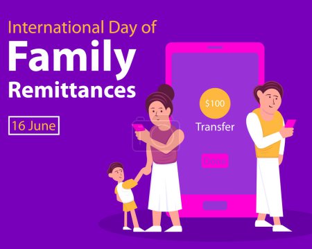 Illustration for Illustration vector graphic of a father transfers money to his wife and children via smartphone, perfect for international day, family remittances, celebrate, greeting card, etc. - Royalty Free Image