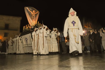 Photo for Holy Week in Zamora, Spain, Friday of Sorrows procession on the night of the Penitential Brotherhood of the Most Holy Christ of the Holy Spirit. - Royalty Free Image