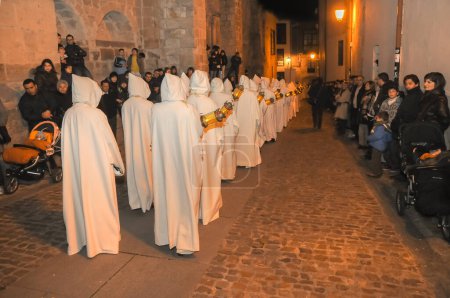 Photo for Holy Week in Zamora, Spain. Procession on the night of Passion Saturday of the Penitential Brotherhood of Our Lord Jesus, Light and Life. - Royalty Free Image