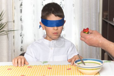 An 8-year-old Caucasian boy sitting at the table at home is blindfolded and about to taste a strawberry offered by an adult's hand. The child is going to do a blind taste test of the fruit.