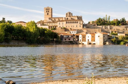 View of the cathedral and water mills from the Duero river during a sunny summer day in Zamora, Spain.