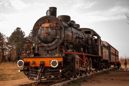 Foto de Edirne, Turkey, February 2023: A steam black train or locomotive in the museum - Imagen libre de derechos
