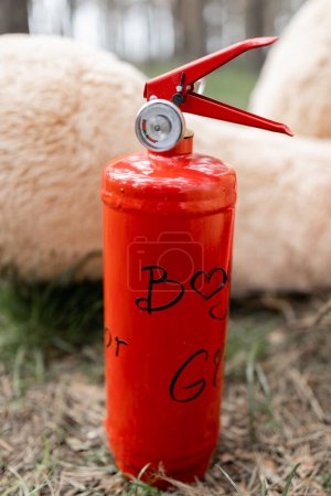 Ein roter Feuerlöscher bereit für eine spannende Geschlechter-Enthüllung