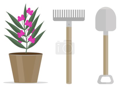 Téléchargez les illustrations : Pique et râteau et des fleurs en pot fixés pour l'agronome de culture des plantes agricoles - en licence libre de droit