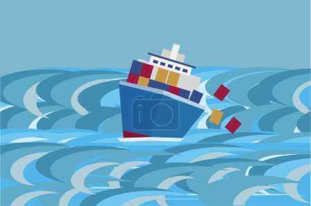 Illustration for Cargo boat with containers in a storm in the ocean - Royalty Free Image