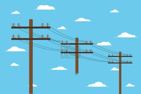 Illustration for Wooden pole with high voltage wires on sky background vector illustration of electrician - Royalty Free Image