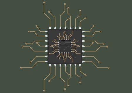 Téléchargez les illustrations : Un circuit imprimé avec microprocesseur pour un schéma informatique vectoriel illustration électronique - en licence libre de droit