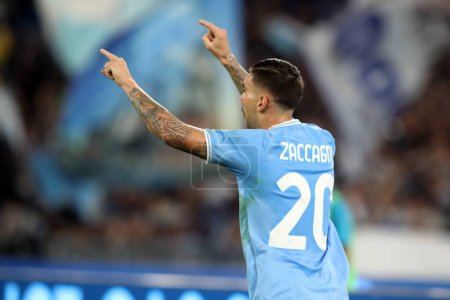 Photo for Rome, Italy 30.10.2022: Zaccagni of Lazio  score the goal 1-0 and celebrate during the Italian football championship Serie A 2022-2023, match between SS Lazio vs Salernitana Calcio at Olympic Stadium in Rome, Italy. - Royalty Free Image