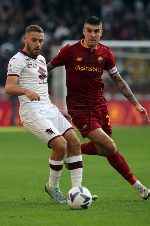 Photo for Rome, Italy 13.11.2022: Gianluca Mancini (AS ROMA) Vlasic Nikola of Torino in action during the Serie A match between AS Roma and FC Torino at Stadio Olimpico in Rome, Italy. - Royalty Free Image