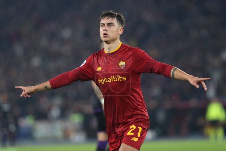 Photo for Rome, Italy 15.01.2023:  Paulo Dybala (AS ROMA) score the goal and celebrates with Tammy Abrham (AS ROMA) during the Serie A football match between AS Roma and AC Fiorentina  at Stadio Olimpico on January 15, 2023 in Rome, Italy. - Royalty Free Image