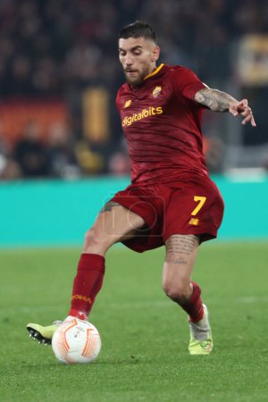 Photo for Rome, Italy 20.04.2023:  Lorenzo Pellegrini of Roma in action during the Uefa Europa League 2023 football match, quarter finals, AS Roma vs Feyenoord  at Olympic stadium in Rome, Italy. - Royalty Free Image