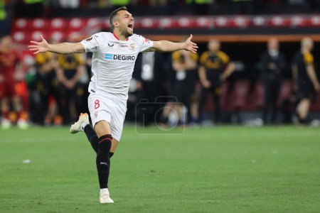 Photo for Budapest, Hungary: 31.05.2023:  Seville  players celebrate victory  at end of penalty in the Final UEFA Europa League 2023  match between Sevilla FC vs AS Roma at Puskas Arena of Budapest in Hungar - Royalty Free Image