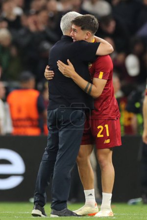 Photo for Budapest, Hungary: 31.05.2023: jose mourinho hugs dybala after defeated in the Final UEFA Europa League 2023  match between Sevilla FC vs AS Roma at Puskas Arena of Budapest in Hungar - Royalty Free Image